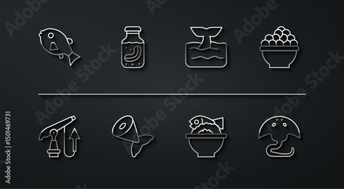 Set line Tropical fish, Fishing harpoon, Caviar, Served bowl, tail, Sea cucumber jar, Stingray and Whale ocean wave icon. Vector