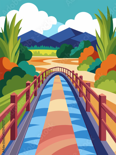 Picturesque Landscape. Serene Bridge and Mountain View