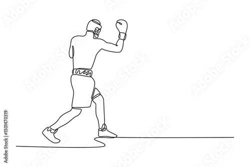 Single one line drawing determined muscular man with sweating strong body practicing uppercut punch. Boxing athlete in motion, body, strength. Continuous line draw design graphic vector illustration