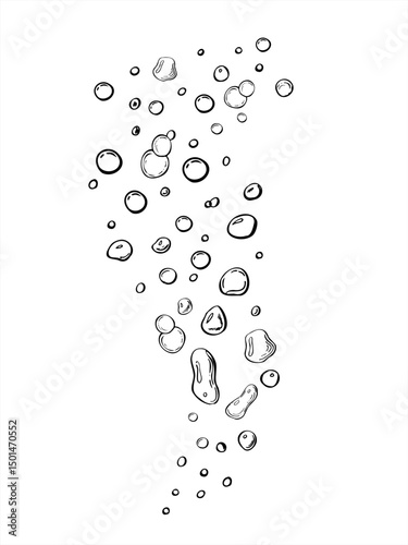 Vector monochrome rising bubbles in varying shapes illustration painted by black inks. Aqua fizzing drops for themes like beverages, cleaning products, science, abstract design, wellness blog