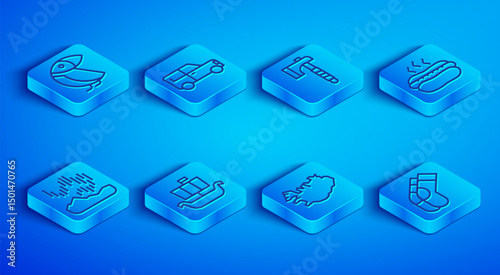 Set line Albatross, Car, Wooden axe, Viking ship Drakkar, Map of Iceland, Hotdog sandwich, Northern lights and Socks icon. Vector