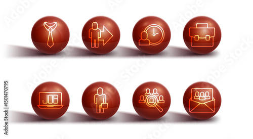 Set line Tie, Search job, Briefcase, Magnifying glass for search, Businessman, Leader of team of executives, Project base and Work time icon. Vector