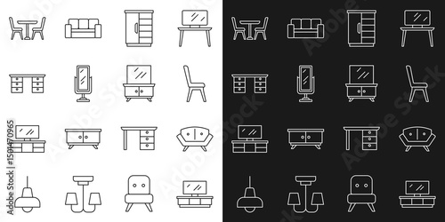 Set line TV table stand, Sofa, Chair, Wardrobe, Big full length mirror, Office desk, Table with chair and Dressing icon. Vector