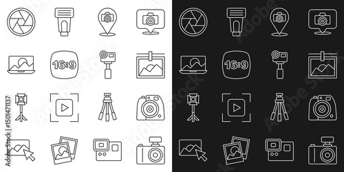 Set line Photo camera, frame, 16, retouching, Camera shutter and Action extreme icon. Vector