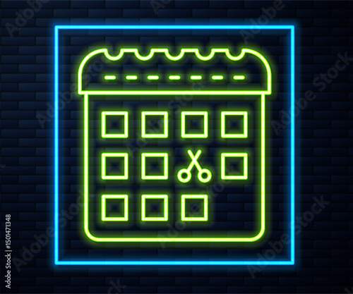 Glowing neon line Calendar with haircut day icon isolated on brick wall background. Haircut appointment concept. Vector