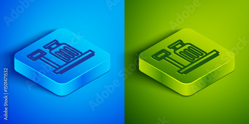 Isometric line Scale with suitcase icon isolated on blue and green background. Logistic and delivery. Weight of delivery package on a scale. Square button. Vector