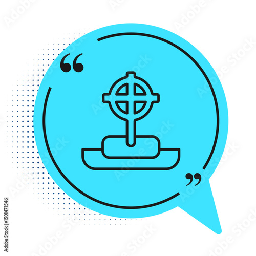 Black line Tombstone with cross icon isolated on white background. Grave icon. Happy Halloween party. Blue speech bubble symbol. Vector