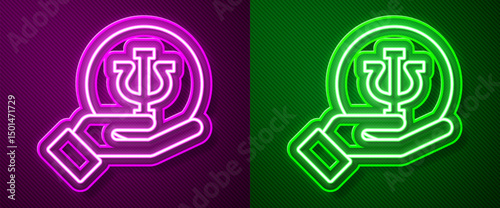 Glowing neon line Psychology icon isolated on purple and green background. Psi symbol. Mental health concept, psychoanalysis analysis and psychotherapy. Vector