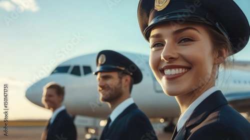 Smiling flight crew members in uniform standing in front of an airplane