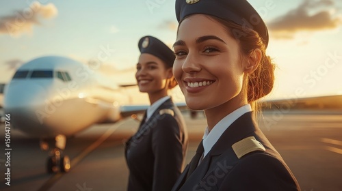 Charming Airline Crew Posing near an Aircraft during Golden Hour at the Airport