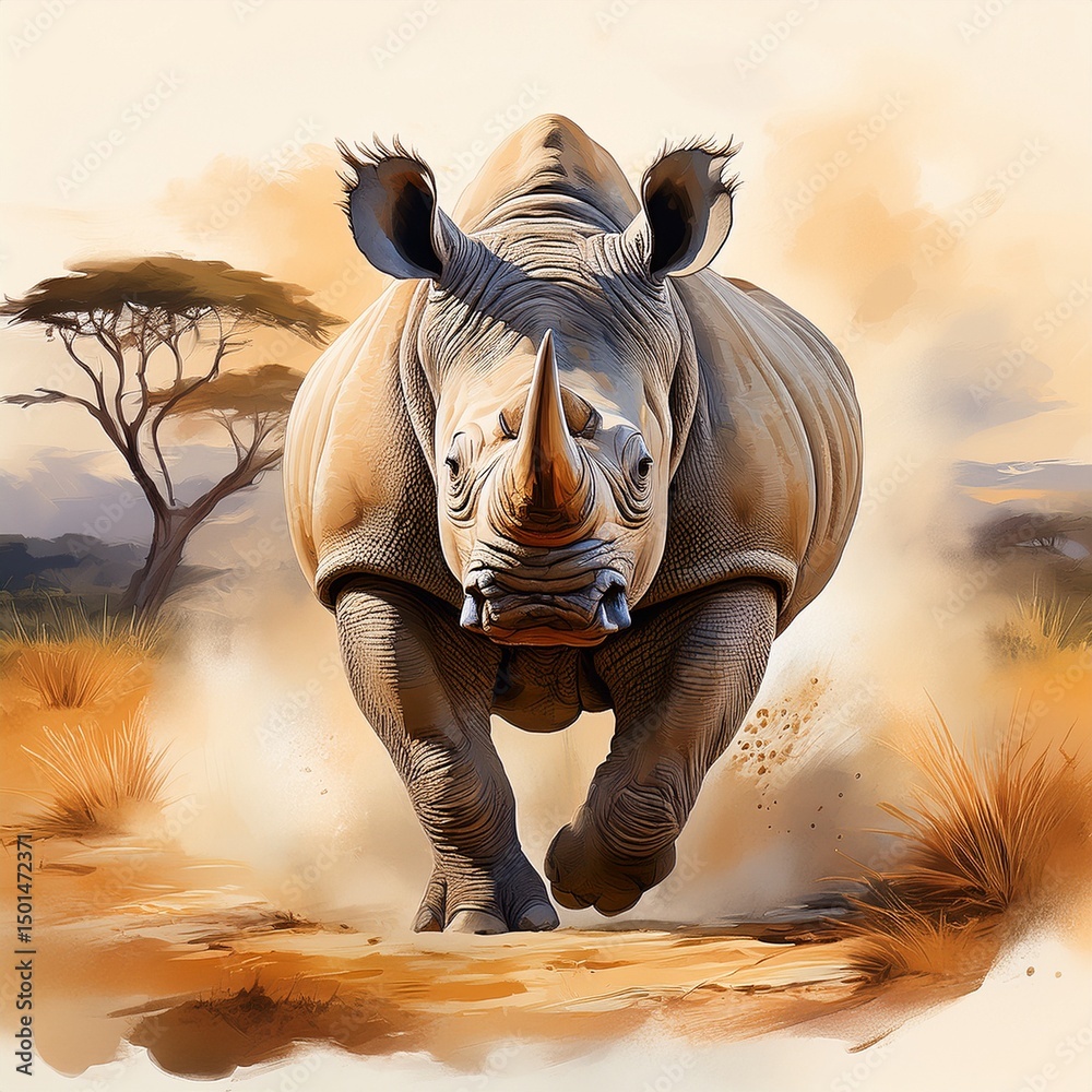 Fototapeta premium Starkes Nashorn in der Savanne – Aquarell Großtierportrait