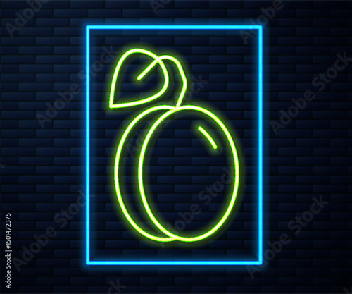 Glowing neon line Plum fruit icon isolated on brick wall background. Vector