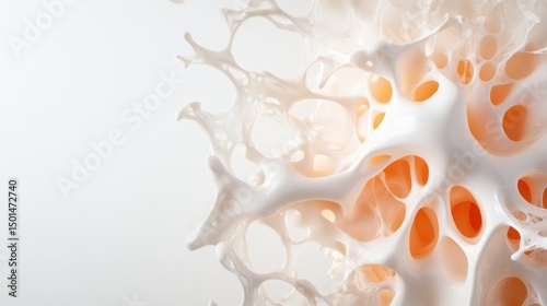 An abstract close-up of a white cellular structure with organic shapes and warm orange highlights, representing complexity and the intricacies of life in biology.