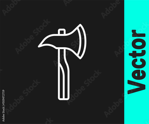 White line Firefighter axe icon isolated on black background. Fire axe. Vector