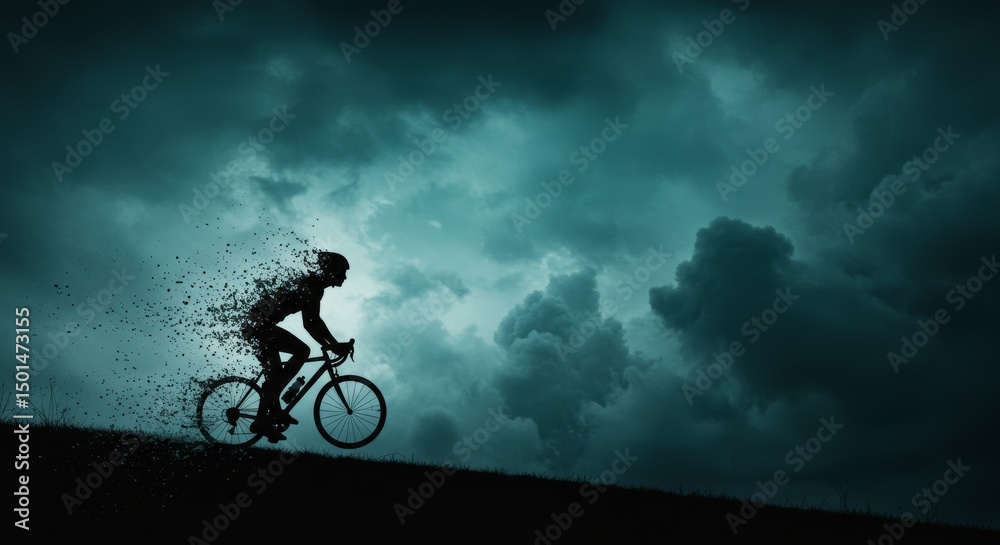 Naklejka premium Cyclist silhouette disintegrating against ominous skies of swirling heavy clouds