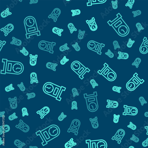 Green line Antique clock icon isolated seamless pattern on blue background. Vector