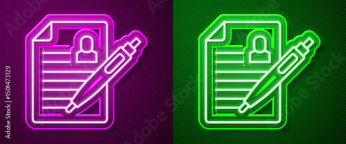 Glowing neon line Resume icon isolated on purple and green background. CV application. Searching professional staff. Analyzing personnel resume. Vector