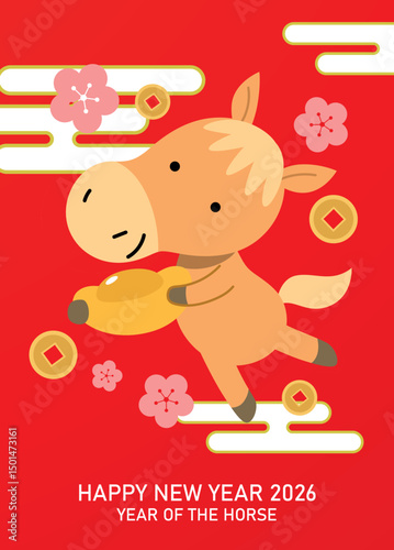 Cute zodiac horse holding a gold sycee ingot with lucky coins background. Chinese new year of the horse 2026 vector greeting card.