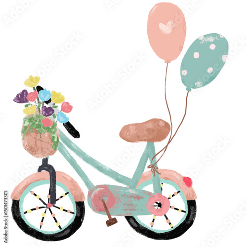 Cute vintage pink turquoise tosca pastel girl bicycle with birthday balloons doodle crayon watercolour kids illustration design clipart sticker happy international world bike sport day spring vector