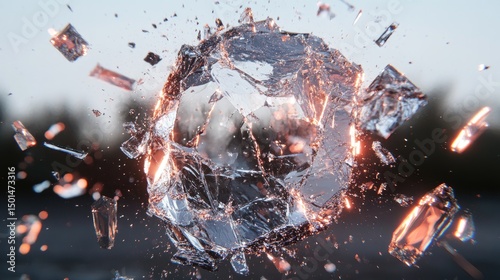 Shattering sphere, glowing fragments explode outwards against a blurred backdrop