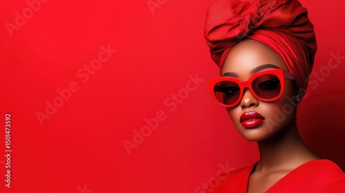 Wallpaper Mural A chic woman adorned in bold red fashion, complete with a stylish head wrap and sunglasses, poses confidently against a matching red background, exuding empowerment and style. Torontodigital.ca