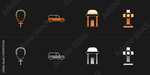 Set Christian cross on chain, Hearse car, Old crypt and Grave with icon. Vector