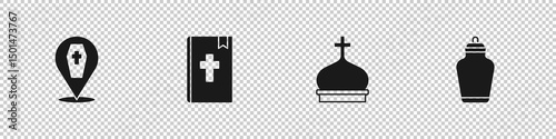 Set Coffin with cross, Holy bible book, Church tower and Funeral urn icon. Vector
