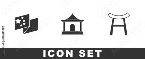 Set China flag, Chinese house and Japan Gate icon. Vector