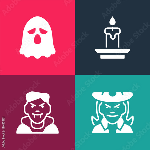 Set pop art Witch, Vampire, Burning candle and Ghost icon. Vector