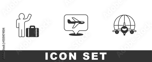 Set Tourist with suitcase, Plane and Globe flying plane icon. Vector