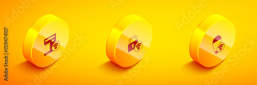 Set Isometric Smart coffee machine, Digital door lock and light bulb icon. Vector