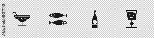 Set Cocktail, Dried fish, Beer bottle and Wine glass icon. Vector