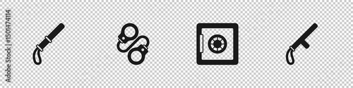 Set Police rubber baton, Handcuffs, Safe and icon. Vector