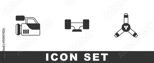 Set Cinema camera, Skateboard wheel and Y-tool icon. Vector