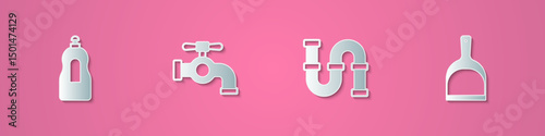 Set paper cut Dishwashing liquid bottle, Water tap, Industry metallic pipe and Dustpan icon. Paper art style. Vector