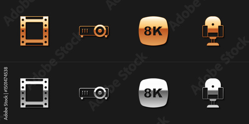 Set Play video, Movie, film, media projector, 8k Ultra HD and Director movie chair icon. Vector