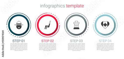 Set Canadian ranger hat, Ice hockey stick and puck, Inukshuk and Heart shaped Canada flag. Business infographic template. Vector