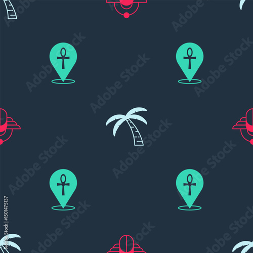 Set Egyptian Scarab, Tropical palm tree and Cross ankh on seamless pattern. Vector