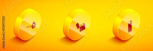 Set Isometric Burning match with fire, Lighter and icon. Vector