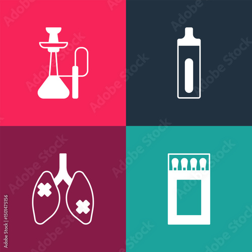 Set pop art Matchbox and matches, Disease lungs, Electronic cigarette and Hookah icon. Vector