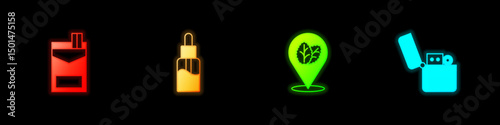 Set Cigarettes pack box, Vape liquid bottle, Tobacco leaf and Lighter icon. Vector