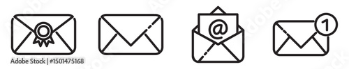 Set of four black and white email or message icons featuring a closed envelope with a circular seal, a plain envelope, an open envelope with symbol, and a closed envelope with unread message badge.