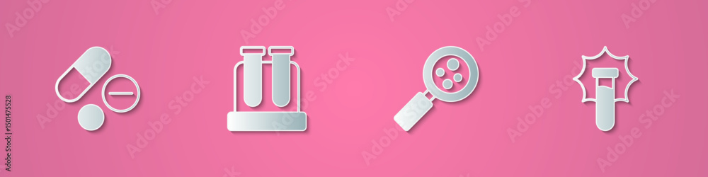 Set paper cut Medicine pill or tablet, Test tube, Microorganisms under magnifier and Explosion the flask icon. Paper art style. Vector Set paper cut Medicine pill or tablet, Test tube, Microorganisms under magnifier and Explosion the flask icon. Paper art style. Vector