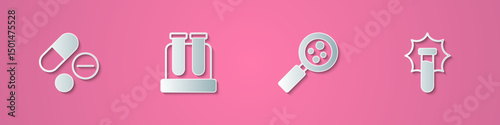 Set paper cut Medicine pill or tablet, Test tube, Microorganisms under magnifier and Explosion the flask icon. Paper art style. Vector