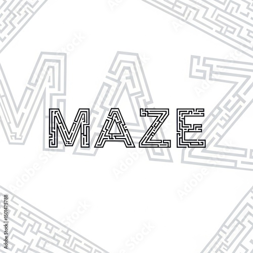 Maze pattern integrated in word MAZE logo, Problem-solving symbol, Challenge icon, Solution graphic, Intricate path design