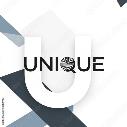 Fingerprint integrated in word UNIQUE logo, Individuality symbol, Security icon, Personalization graphic, Identity design