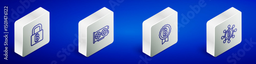 Set Isometric line Lock with bitcoin, Video graphic card, Bitcoin and Blockchain technology icon. Vector