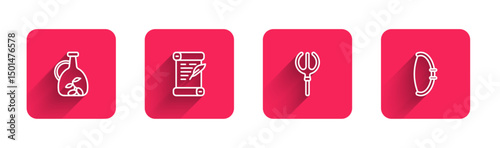 Set line Bottle of olive oil, Decree, parchment, scroll, Neptune Trident and Medieval bow with long shadow. Red square button. Vector