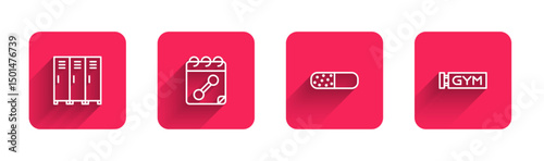 Set line Locker or changing room, Calendar fitness, Vitamin pill and Location gym with long shadow. Red square button. Vector