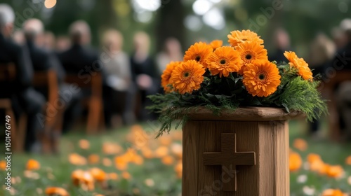 A serene memorial gathering is depicted, with bright orange flowers symbolizing remembrance, surrounded by mourners in a peaceful outdoor setting.